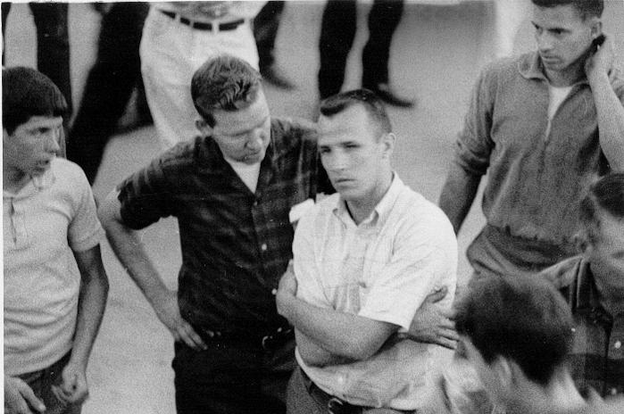 Woody Corbett, Slick Gibbons and Bobby Wilson attend drivers meeting at Sumter Speedway in the ’60’s.