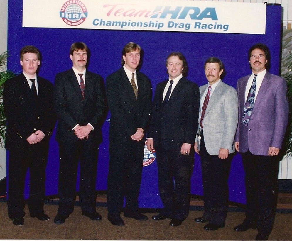 1991 IHRA Pro Mod. L-R Wally Stroupe, Ed Hoover, Randy Moore, Bill Kuhlmann, Ronnie Sox…