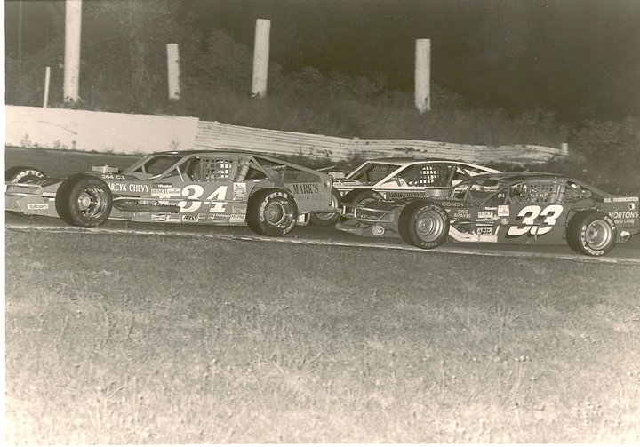 Shangri-La (Tioga) 1988 Modified action with Ron Shephard #34, Tony Hirschman #1 and Randy Hedger #33