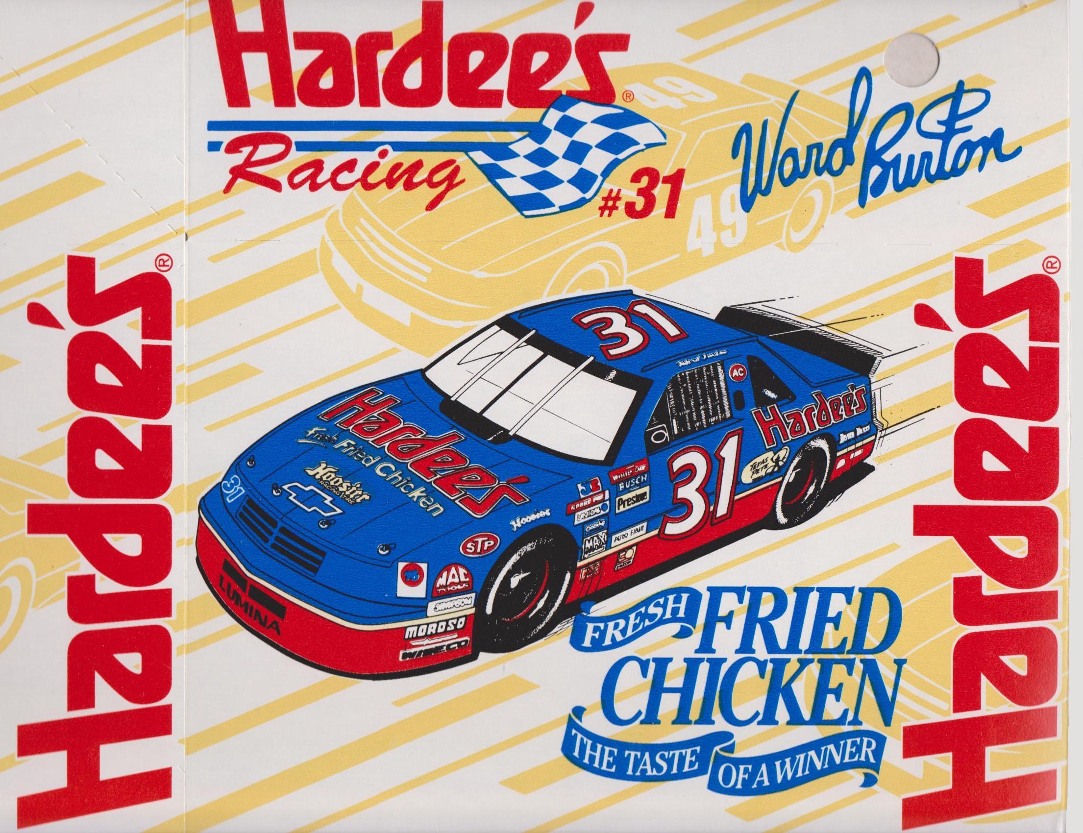 #31 WARD BURTON 1994 HARDEE’S FRESH FRIED CHICKEN 8-PIECE BOX ADVERTISEMENT