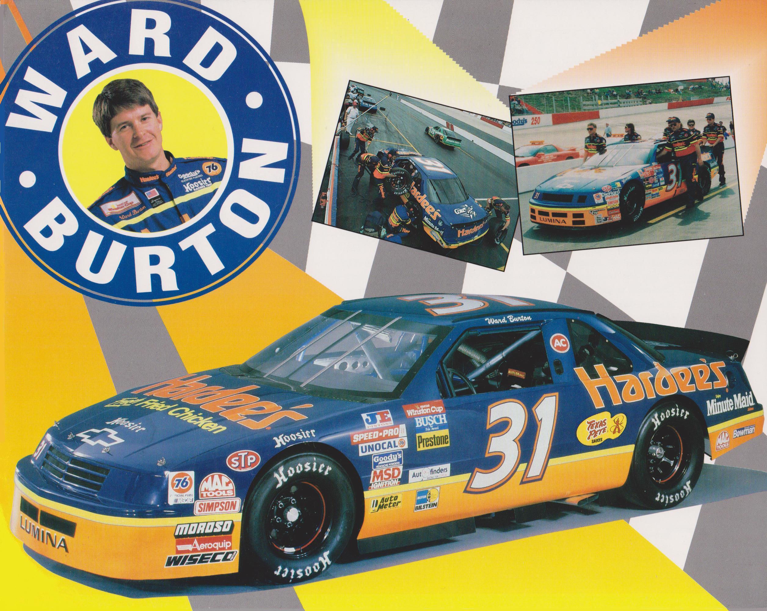 WARD BURTON 1994 HARDEE’S RACING #31 RACE POST CARD 1 FRONT