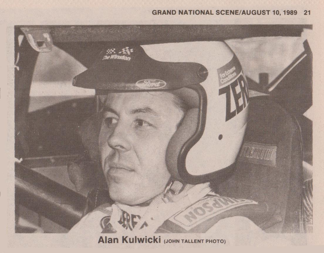 #7 ALAN KULWICKI WEARING ZEREX ANTIFREEZE COOLANT,THE WINSTON, FORD DECALS 1989 OPEN FACE SIMPSON RACE HELMET PHOTO