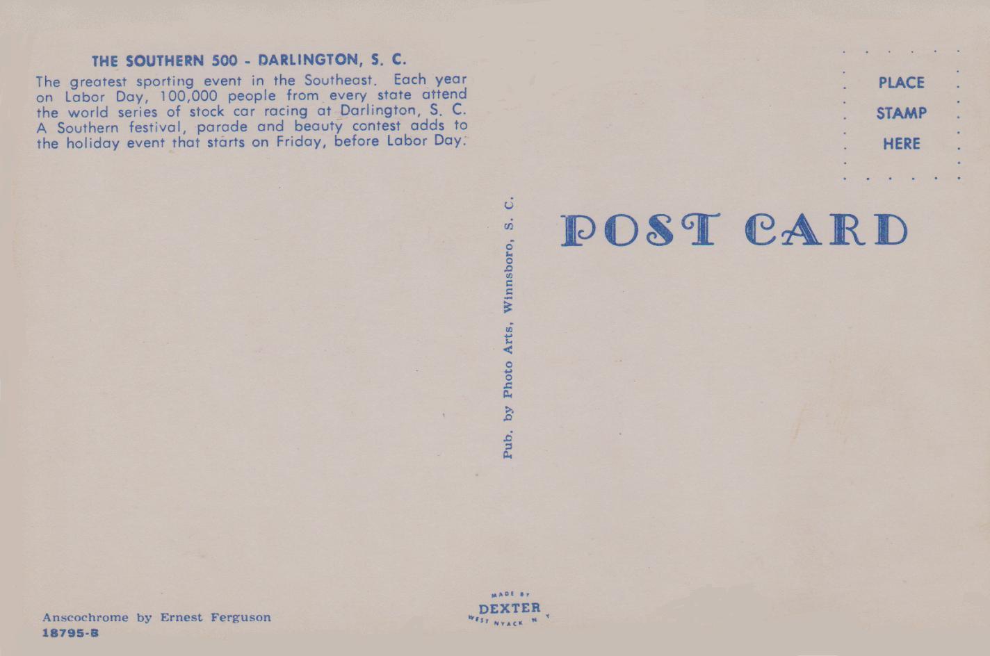 1962 SOUTHERN 500, DARLINGTON RACEWAY, S.C. POST CARD BACK