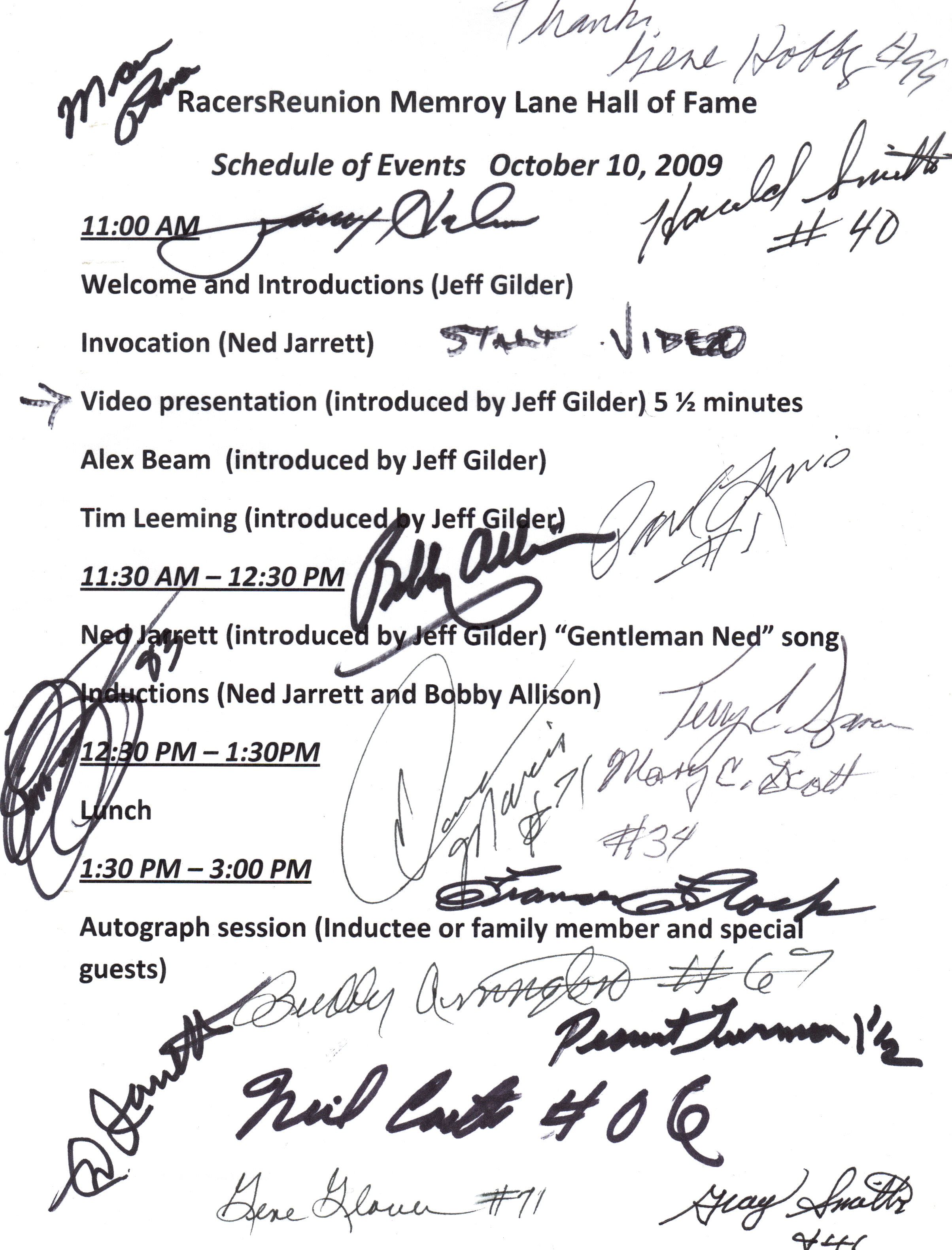 Racers Reunion Memory Lane Oct 10 2009 Autographs