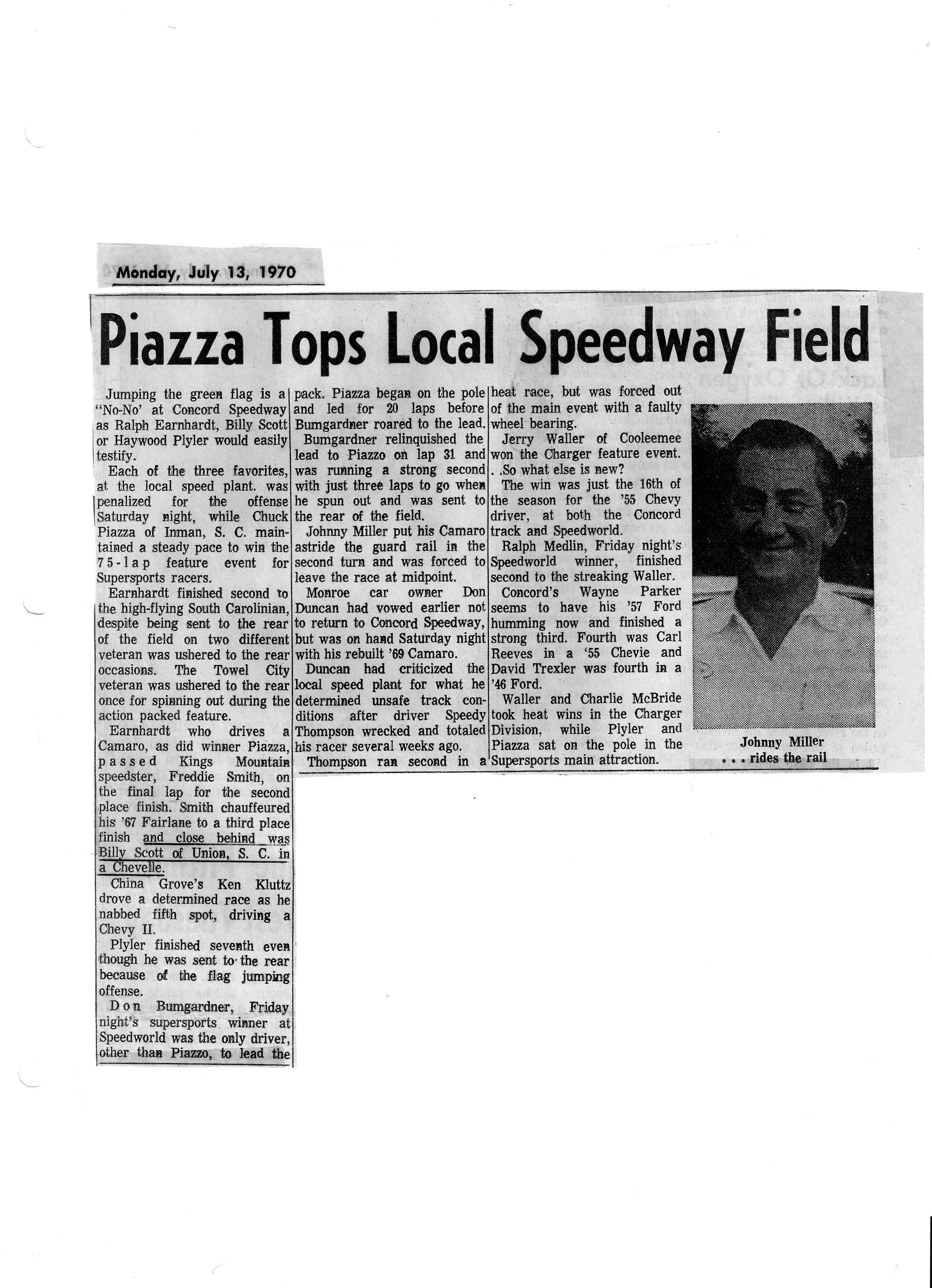 Chuck Piazza Wins-Earnhardt, Scott & Plyer Sent To Rear 1970