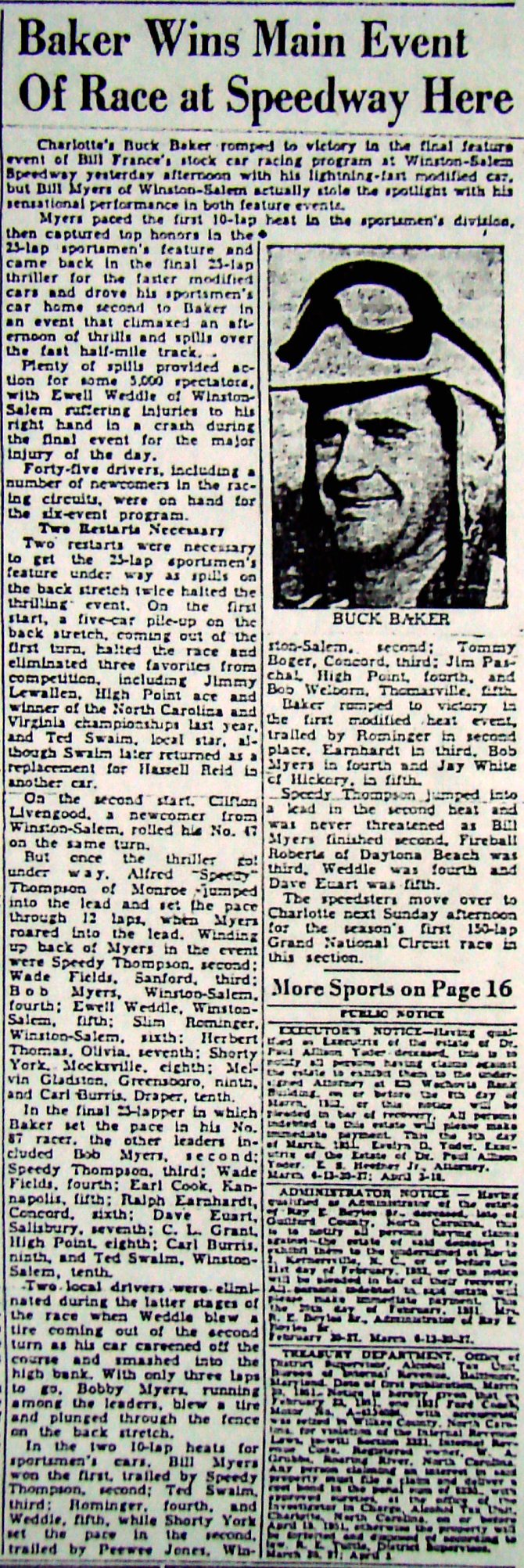 Buck Baker romps to victory in the Modifieds at Peace Haven Speedway on March 26, 1951.…