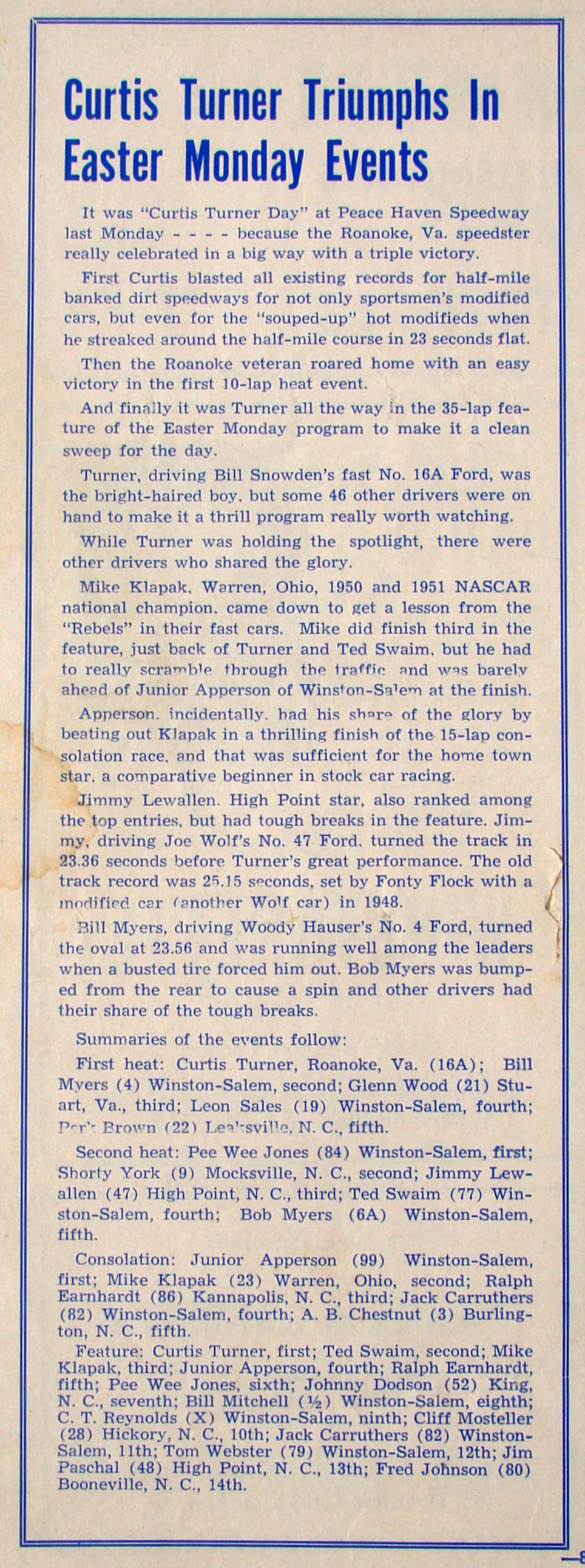 From an April Bowman Gray Stadium program for an April 13, 1952 race at Peace Haven…