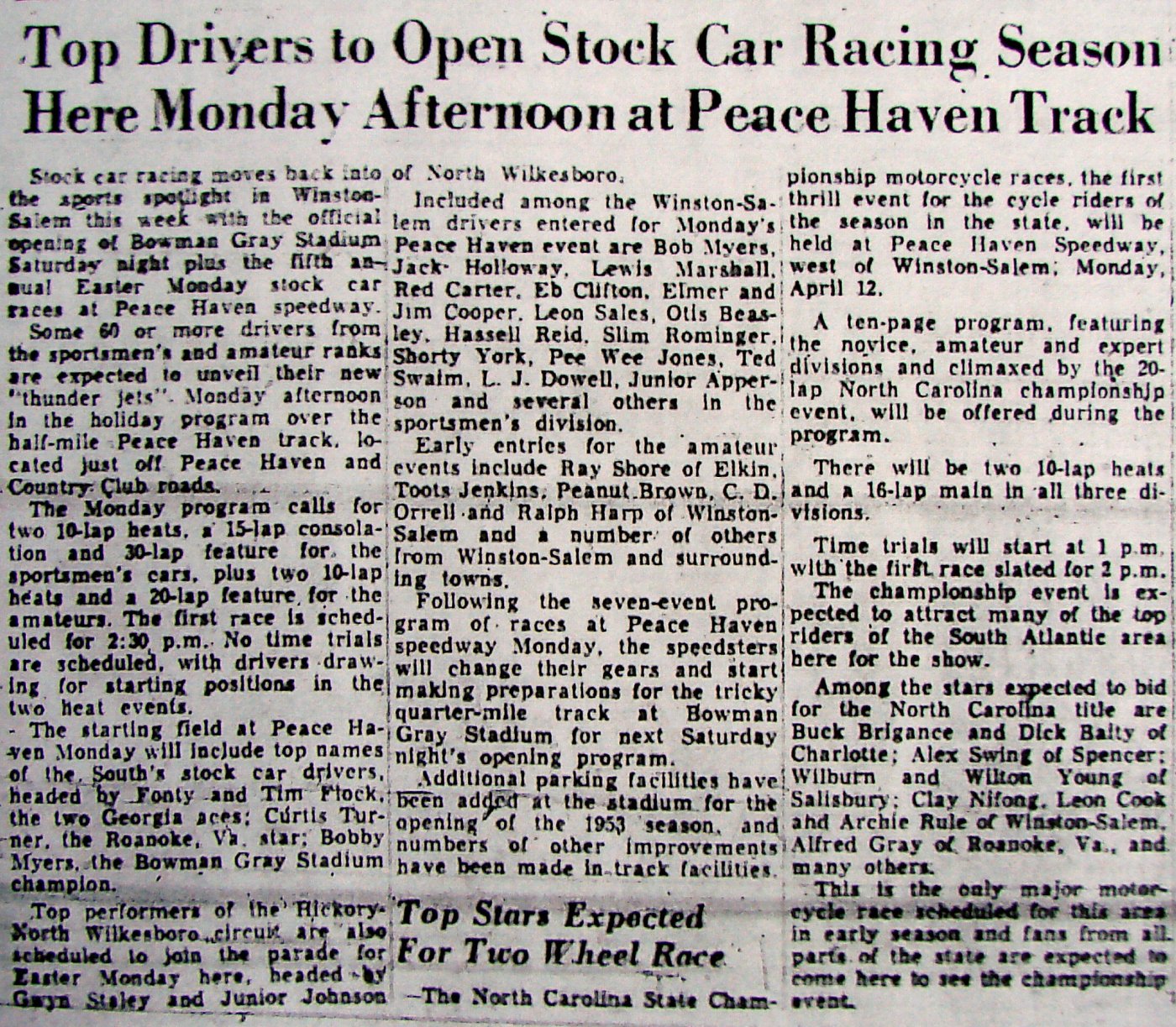 An April 6, 1953 article from the Winston-Salem Journal about the upcoming Stock Car and…