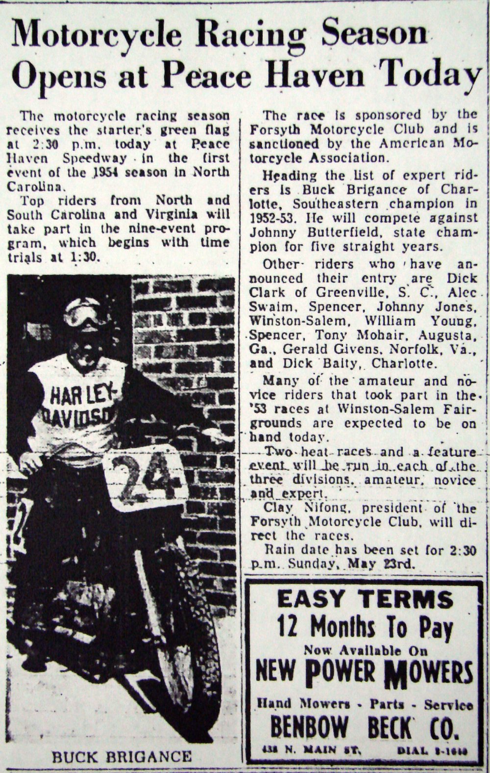 An article from the Winston-Salem Journal about the opening race of the 1954 North…
