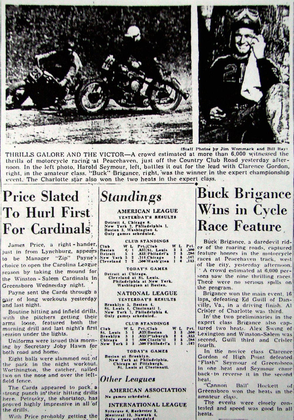 Crowd favorite Buck Brigance wins the feature motorcycle event April 22, 1946 at Peace…