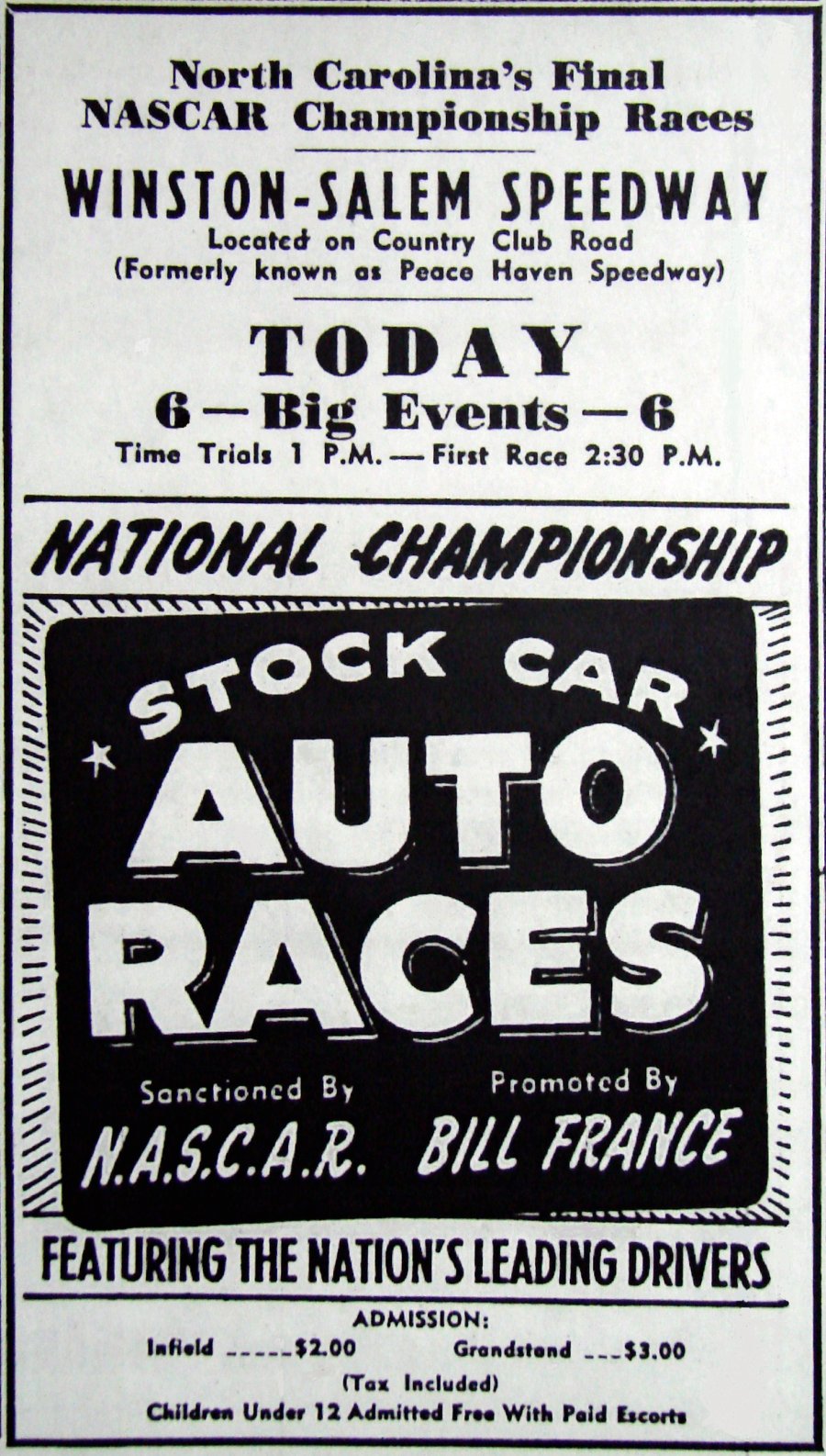 – An ad for the October 31, 1948 NASCAR race at Winston-Salem Speedway aka Peace Haven…