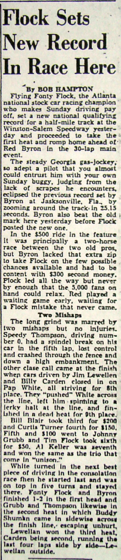 An article on the race results of the October 31, 1948 NASCAR Championship race at Peace…