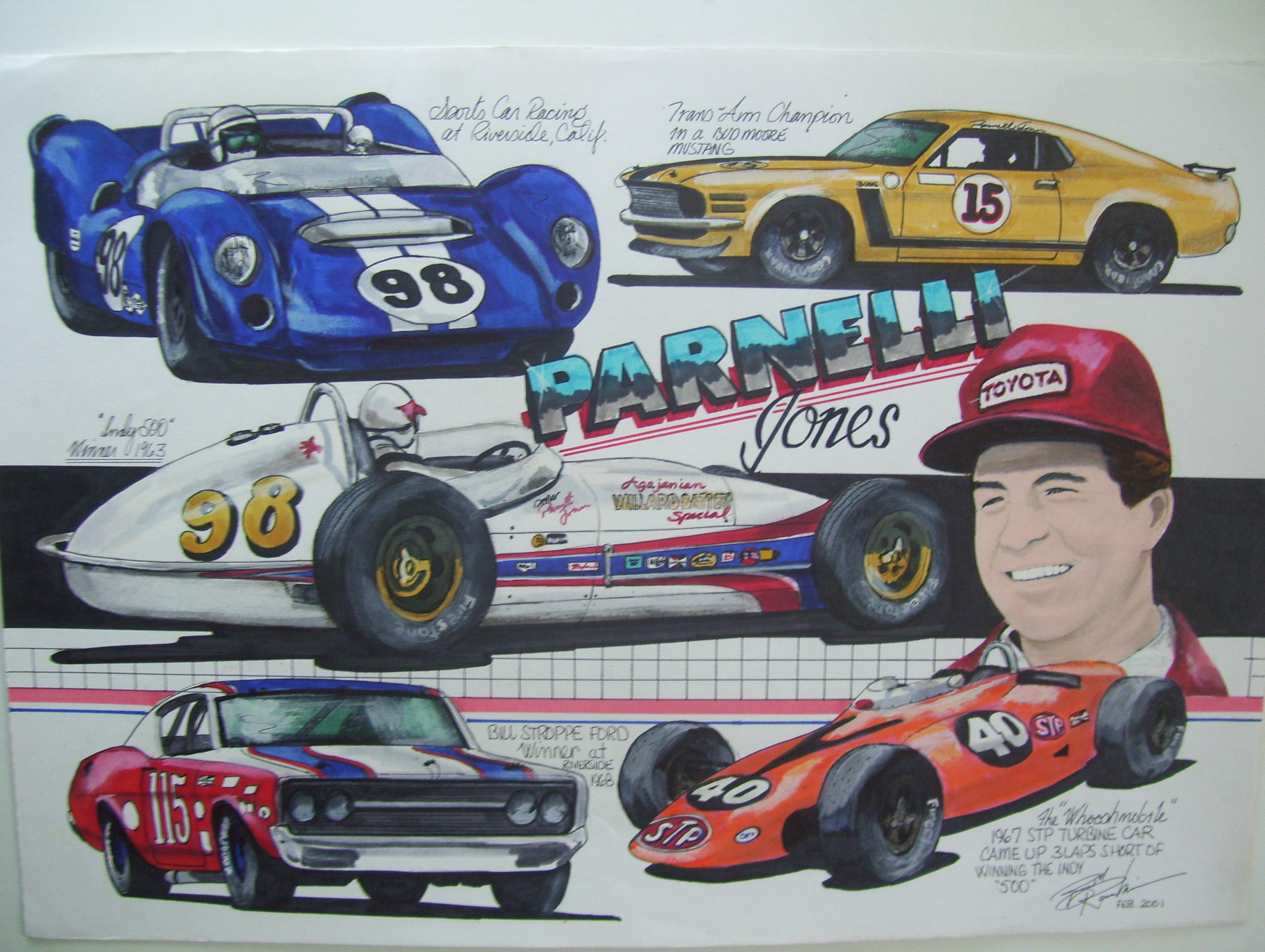 The famous race cars of the great Parnelli Jones in art work