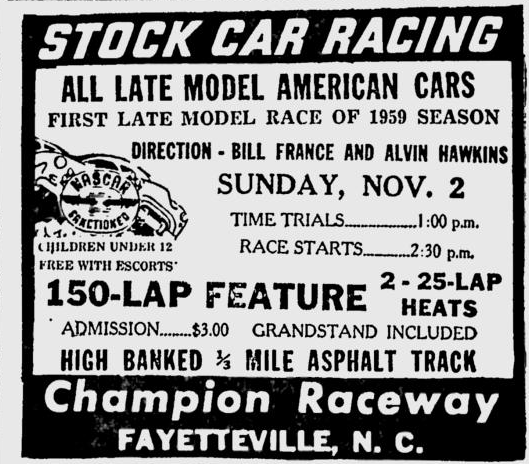 Champion Raceway Ad – November 2, 1958