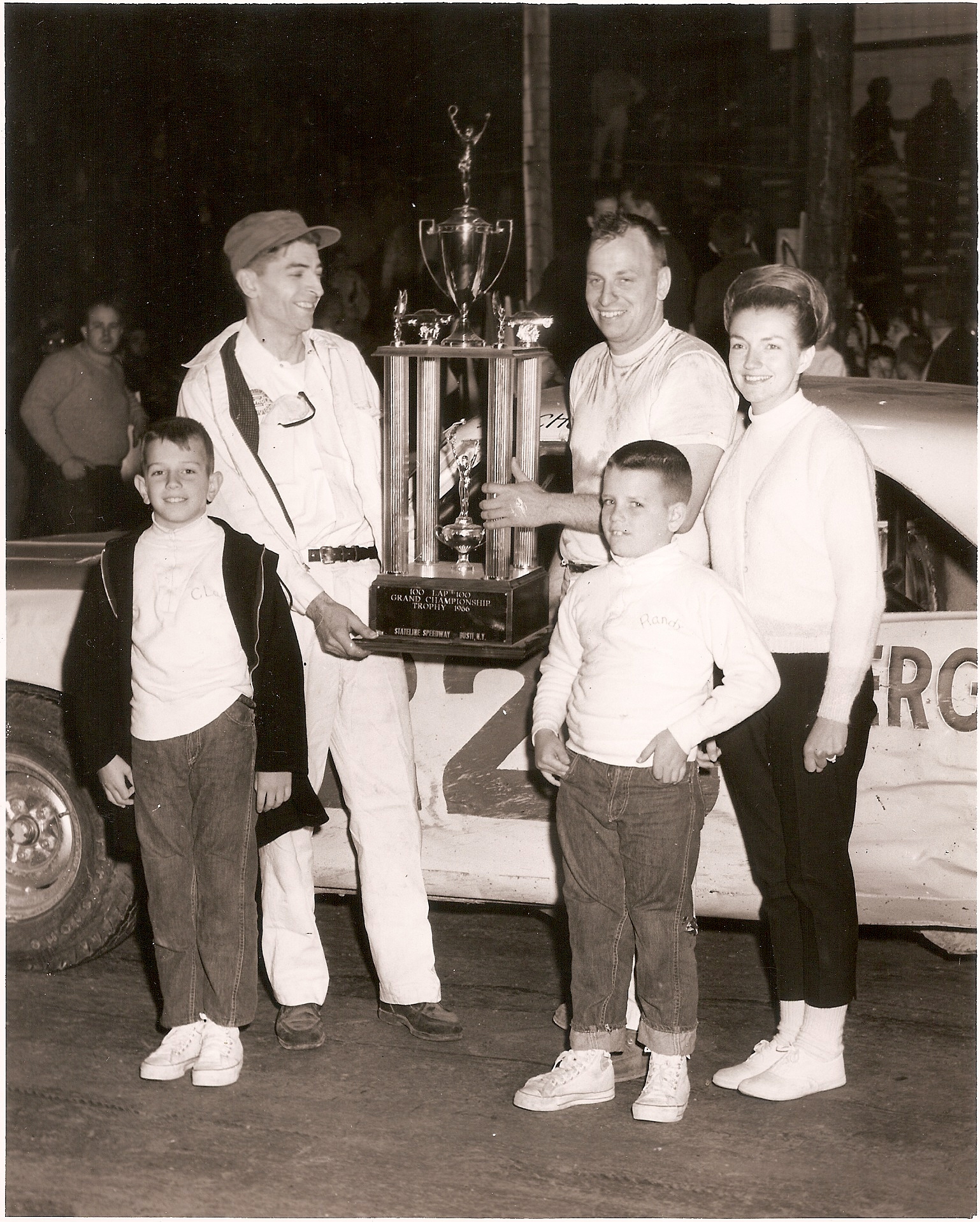 Chuck Piazza with crew chief Ross Covert, wife Pat, sons Clark and Randy after winning…
