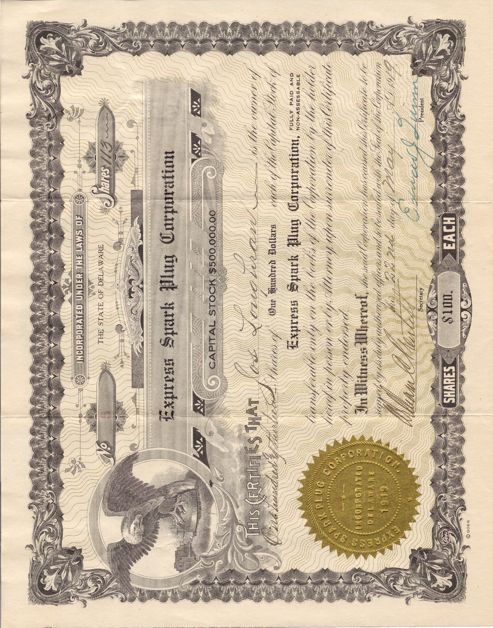 Express Spark Plug Stock Certificate